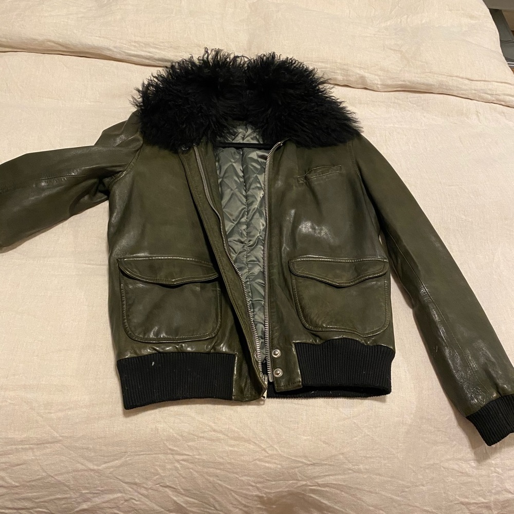 BLK denim olive green leather jacket